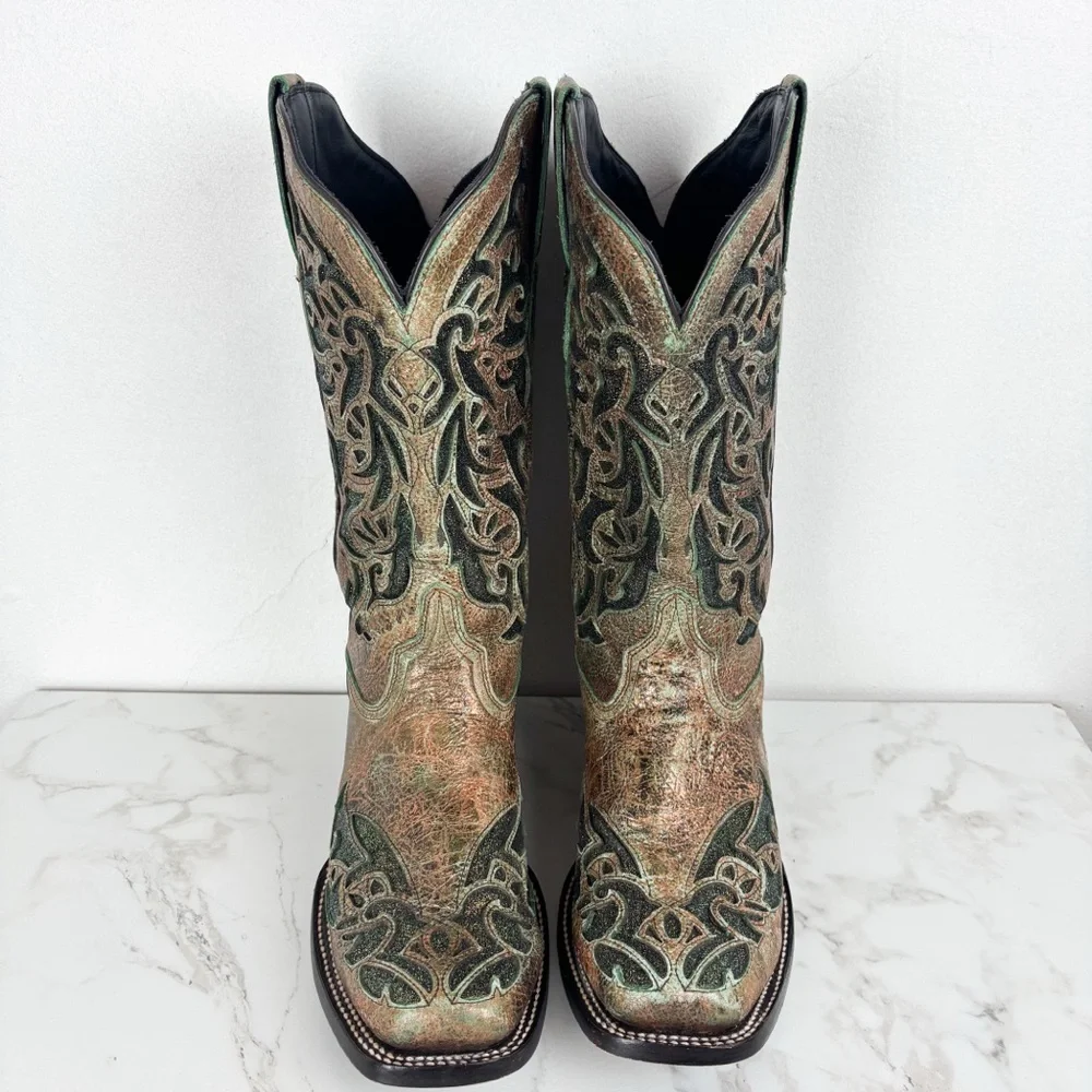 J.B. Dillon Green Bronze Metallic Glitter Cutout Cowboy Boots Sz 10C - Picture 4 of 13